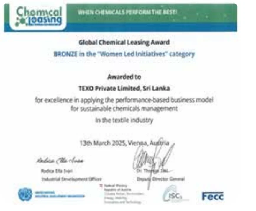 Global Chemical Leasing Award — Bronze in the Women Led Initiatives category, awarded to Texo (Pvt) Ltd
