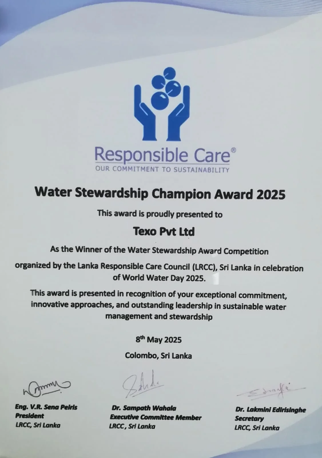 Water Stewardship Champion Award 2025 certificate presented to Texo (Pvt) Ltd