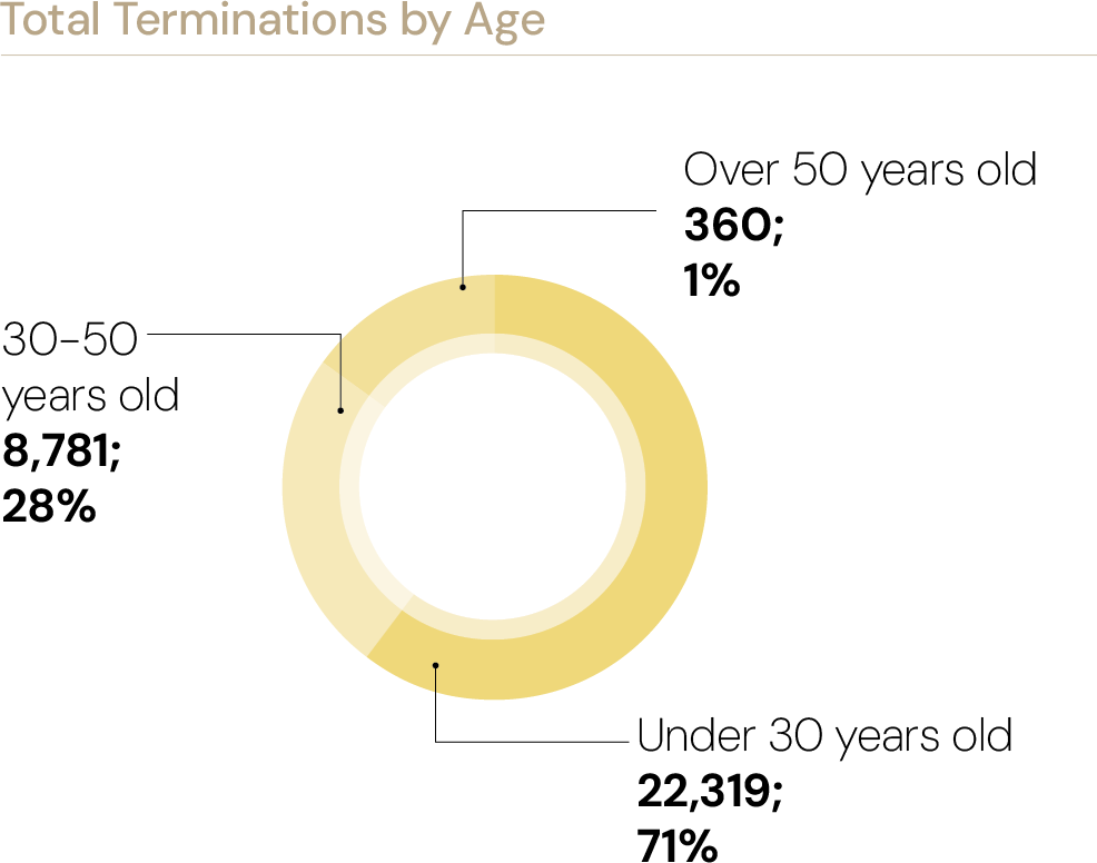 Total Terminations by Age: Under 30 22,319 (71%), 30–50 8,781 (28%), Over 50 360 (1%)