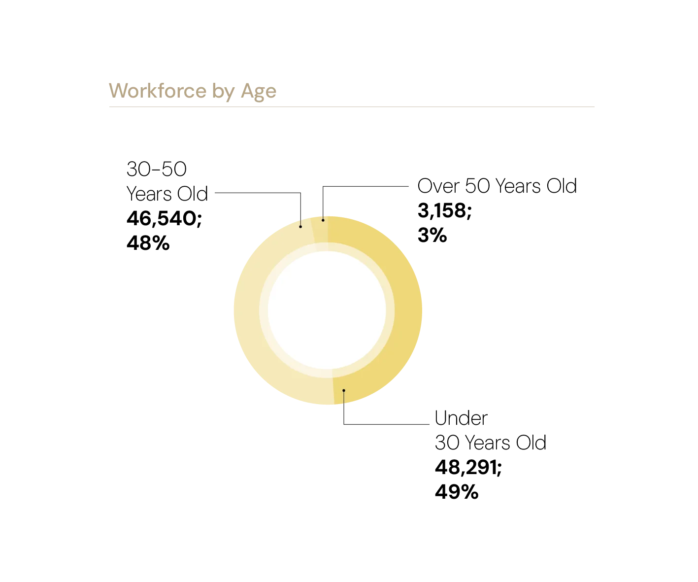 Workforce by Age: Under 30 48,291 (49%), 30–50 46,540 (48%), Over 50 3,158 (3%)