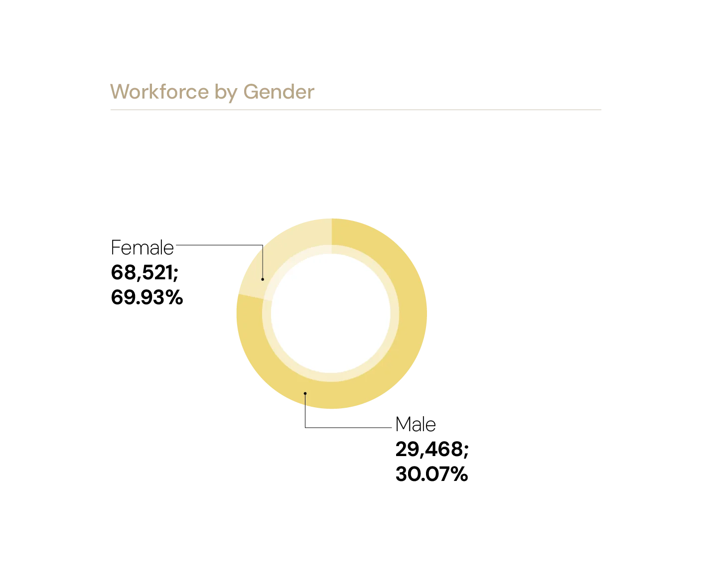 Workforce by Gender: Female 68,521 (69.93%), Male 29,468 (30.07%)