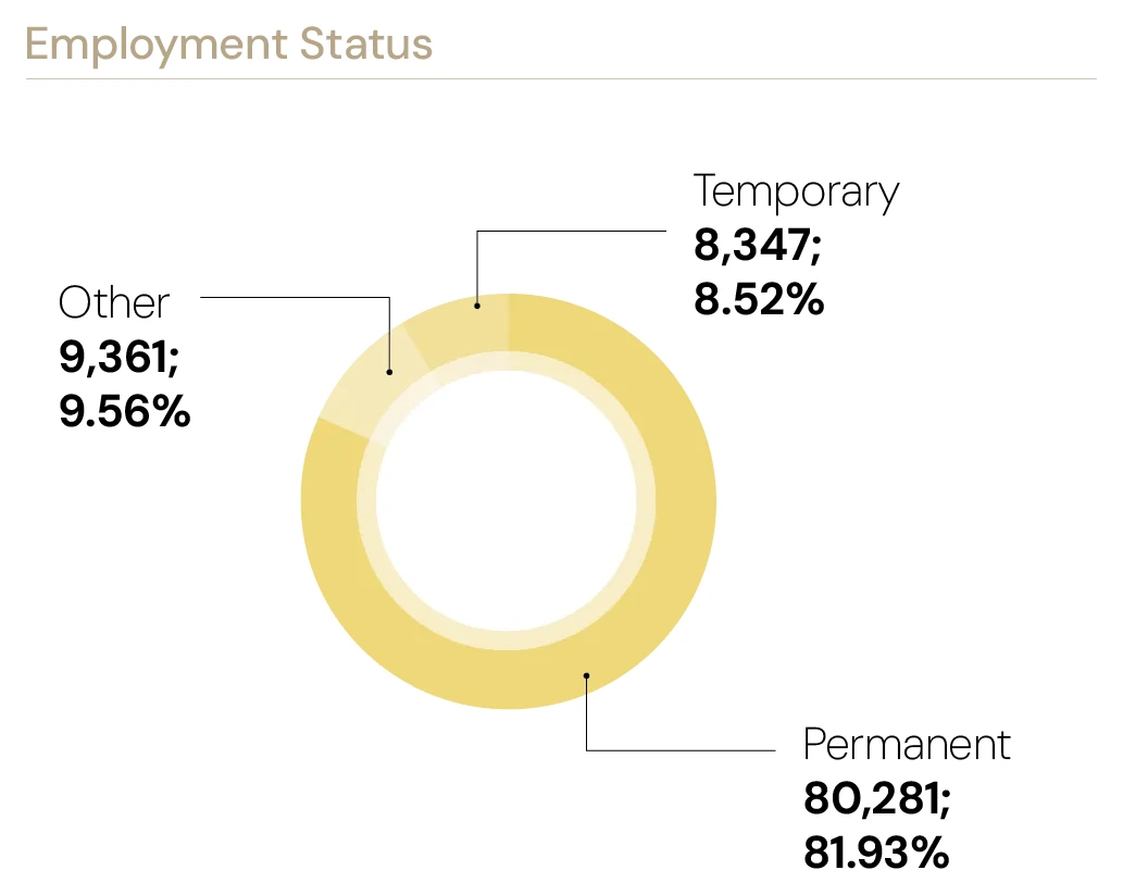 Employment status — permanent: 80,281 (81.93%); temporary: 8,347 (8.52%); other: 9,361 (9.56%).